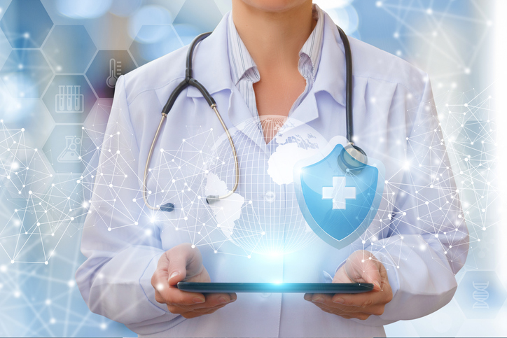 Female doctor holding a tablet with virtual globe and health icons hovering above.